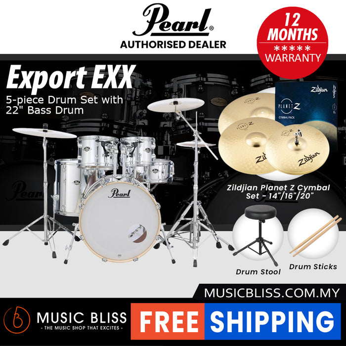 Pearl Export EXX 5-Piece Drum Set with Hardware, Drumstick and Throne - 22 Inch Bass Drum - Mirror Chrome