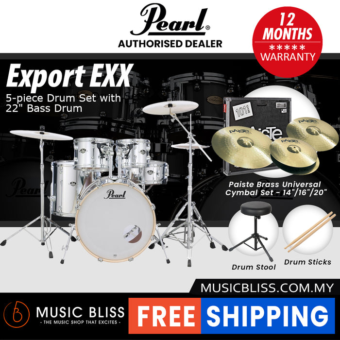 Pearl Export EXX 5-Piece Drum Set with Hardware, Drumstick and Throne - 22 Inch Bass Drum - Mirror Chrome