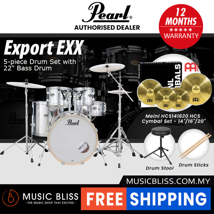 Pearl Export EXX 5-Piece Drum Set with Hardware, Drumstick and Throne - 22 Inch Bass Drum - Mirror Chrome