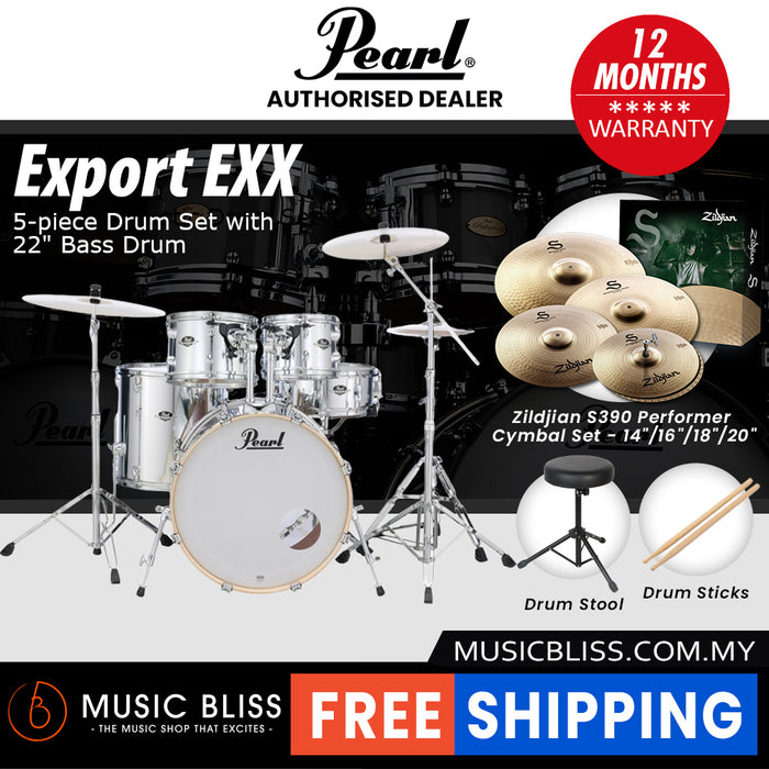 Pearl Export EXX 5-Piece Drum Set with Hardware, Drumstick and Throne - 22 Inch Bass Drum - Mirror Chrome