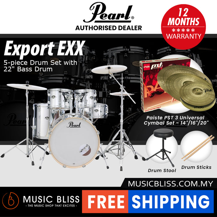 Pearl Export EXX 5-Piece Drum Set with Hardware, Drumstick and Throne - 22 Inch Bass Drum - Mirror Chrome