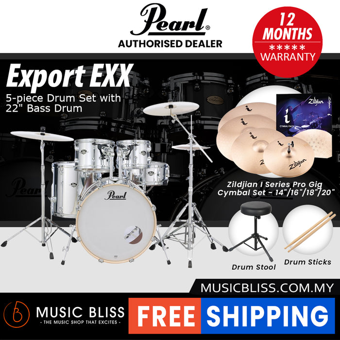 Pearl Export EXX 5-Piece Drum Set with Hardware, Drumstick and Throne - 22 Inch Bass Drum - Mirror Chrome