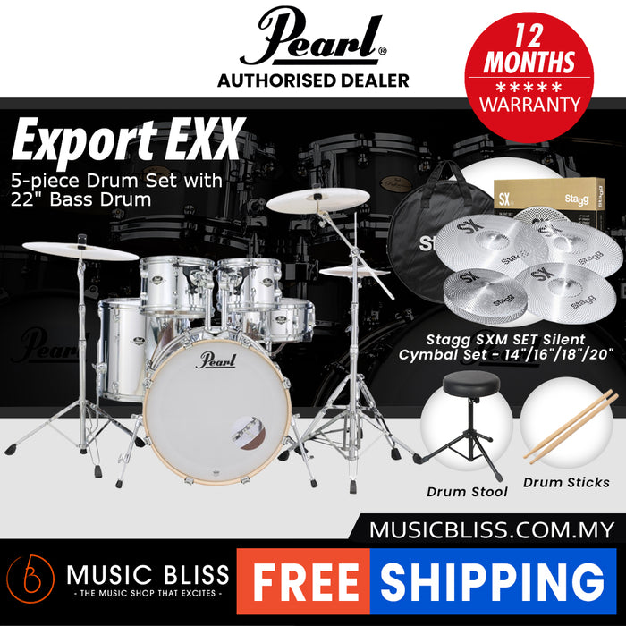 Pearl Export EXX 5-Piece Drum Set with Hardware, Drumstick and Throne - 22 Inch Bass Drum - Mirror Chrome