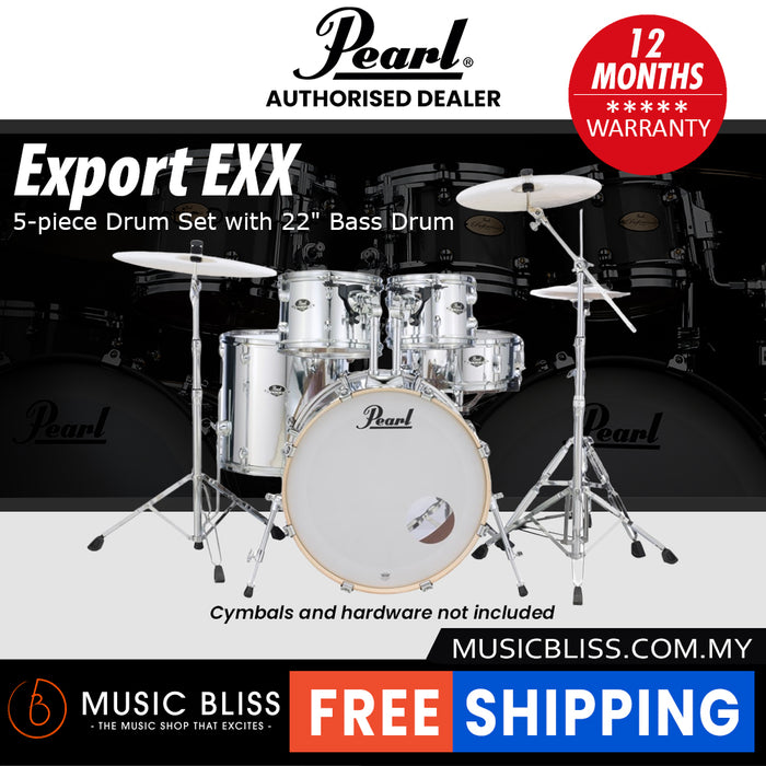 Pearl Export EXX 5-Piece Drum Set with Hardware, Drumstick and Throne - 22 Inch Bass Drum - Mirror Chrome