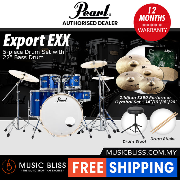 Pearl Export EXX 5-Piece Drum Set with Hardware, Drumstick and Throne - 22 Kick - High Voltage Blue