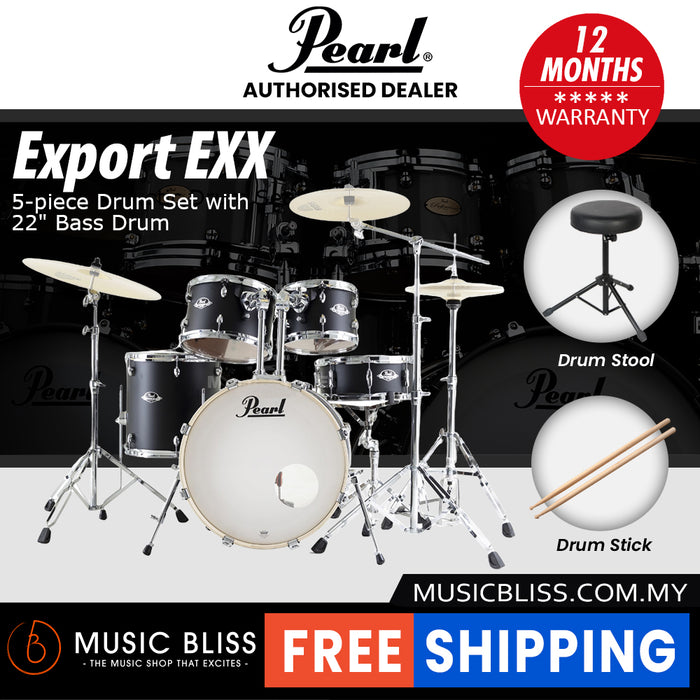 Pearl Export EXX 5-Piece Drum Set with Hardware, Drumstick and Throne - 22 Kick - Satin Shadow Black