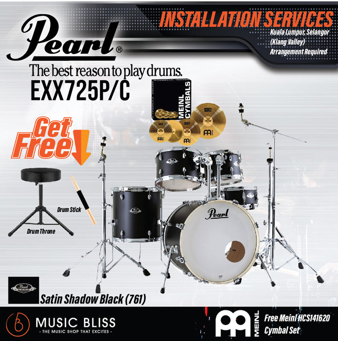 Pearl Export EXX 5-Piece Drum Set with Hardware, Drumstick and Throne - 22 Kick - Satin Shadow Black - Music Bliss Malaysia