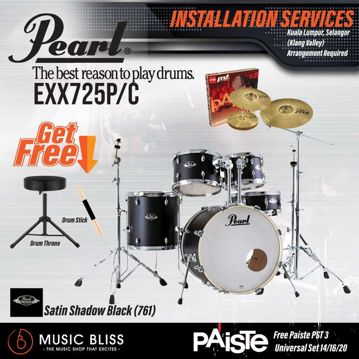 Pearl Export EXX 5-Piece Drum Set with Hardware, Drumstick and Throne - 22 Kick - Satin Shadow Black - Music Bliss Malaysia