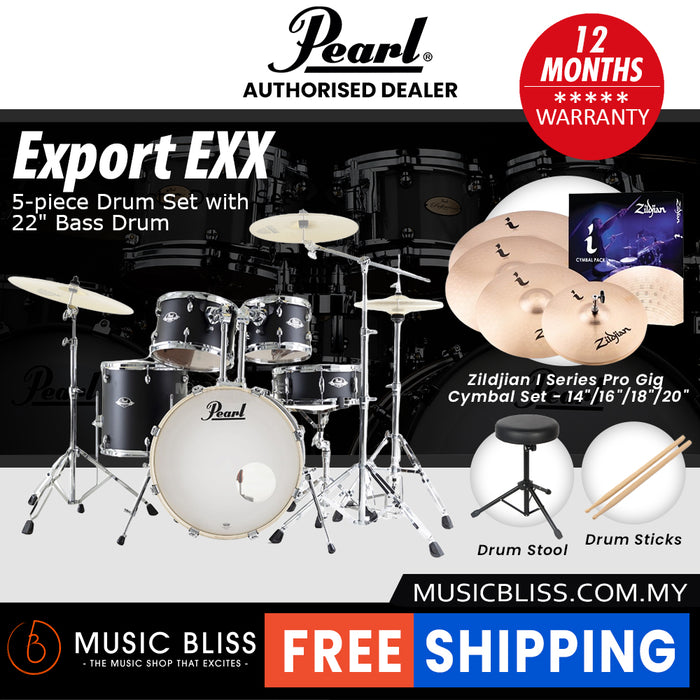 Pearl Export EXX 5-Piece Drum Set with Hardware, Drumstick and Throne - 22 Kick - Satin Shadow Black