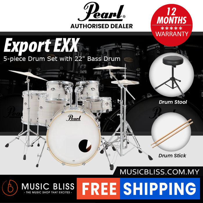 Pearl Export EXX 5-Piece Drum Set with Hardware, Drumstick and Throne - 22 Inch Bass Drum - Slipstream White