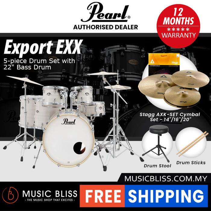Pearl Export EXX 5-Piece Drum Set with Hardware, Drumstick and Throne - 22 Inch Bass Drum - Slipstream White