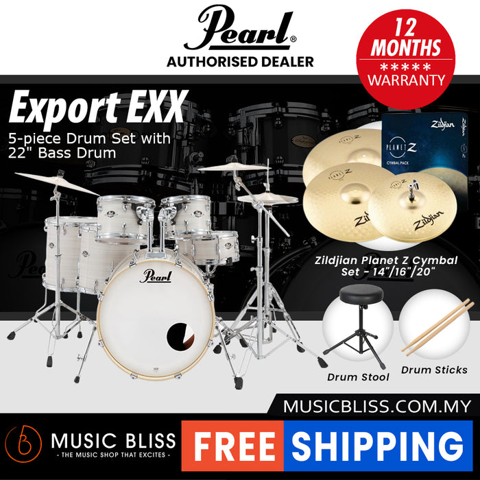 Pearl Export EXX 5-Piece Drum Set with Hardware, Drumstick and Throne - 22 Inch Bass Drum - Slipstream White