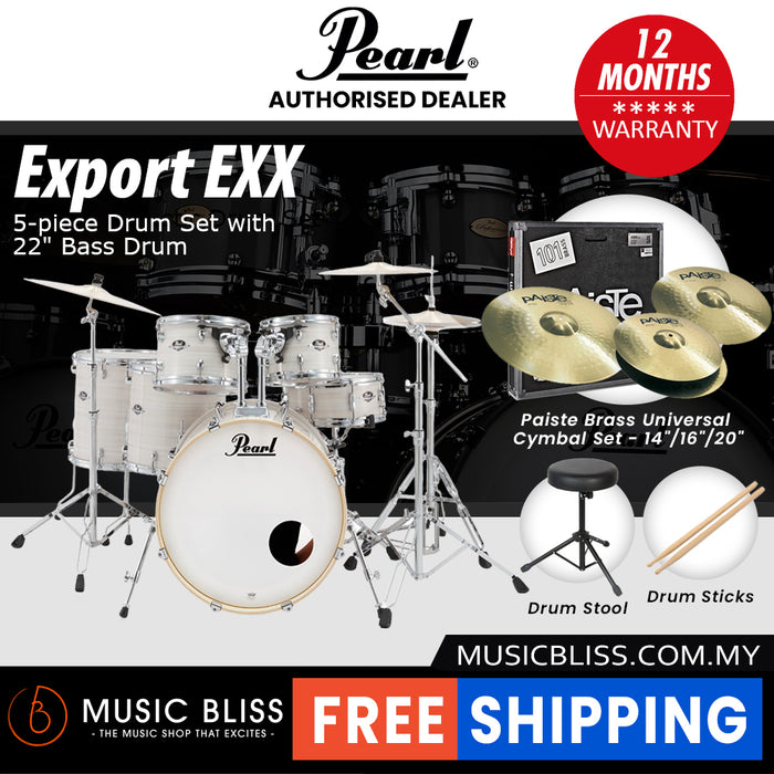 Pearl Export EXX 5-Piece Drum Set with Hardware, Drumstick and Throne - 22 Inch Bass Drum - Slipstream White