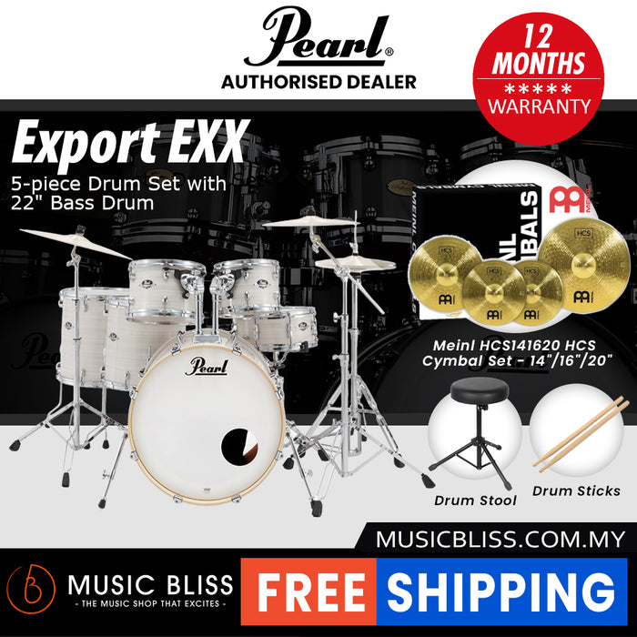 Pearl Export EXX 5-Piece Drum Set with Hardware, Drumstick and Throne - 22 Inch Bass Drum - Slipstream White
