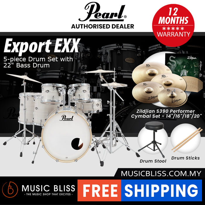Pearl Export EXX 5-Piece Drum Set with Hardware, Drumstick and Throne - 22 Inch Bass Drum - Slipstream White