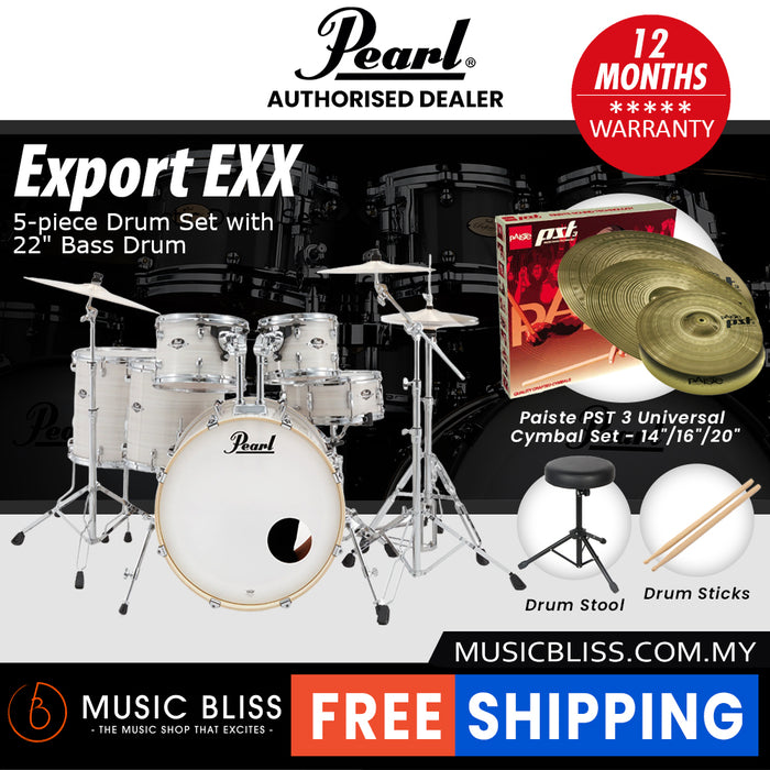 Pearl Export EXX 5-Piece Drum Set with Hardware, Drumstick and Throne - 22 Inch Bass Drum - Slipstream White