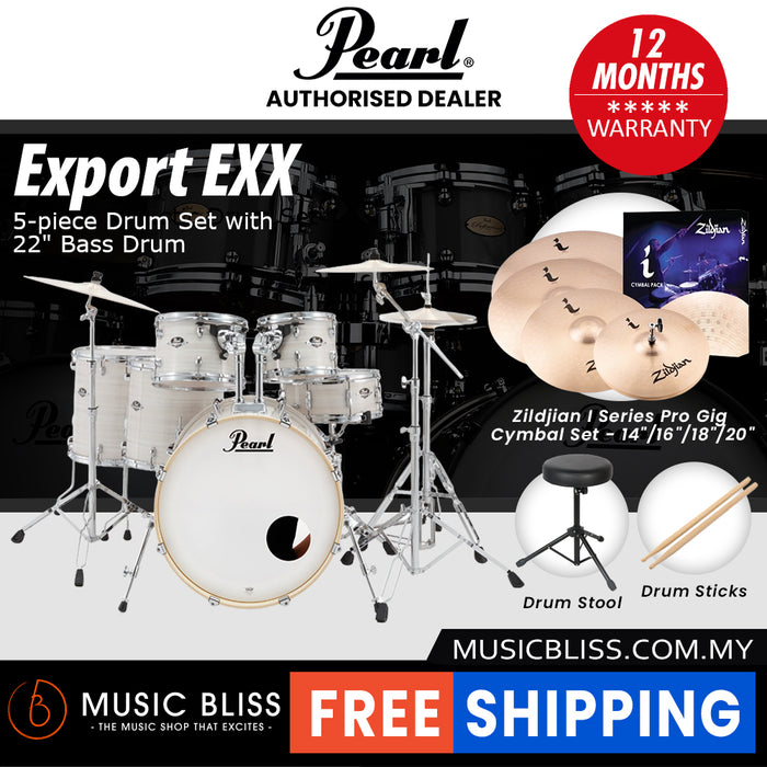 Pearl Export EXX 5-Piece Drum Set with Hardware, Drumstick and Throne - 22 Inch Bass Drum - Slipstream White