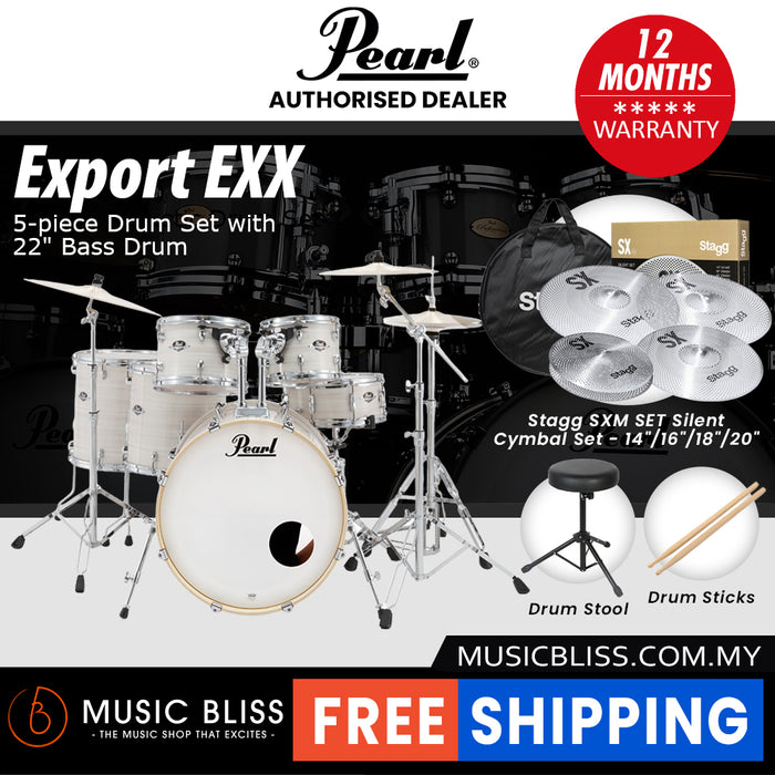 Pearl Export EXX 5-Piece Drum Set with Hardware, Drumstick and Throne - 22 Inch Bass Drum - Slipstream White