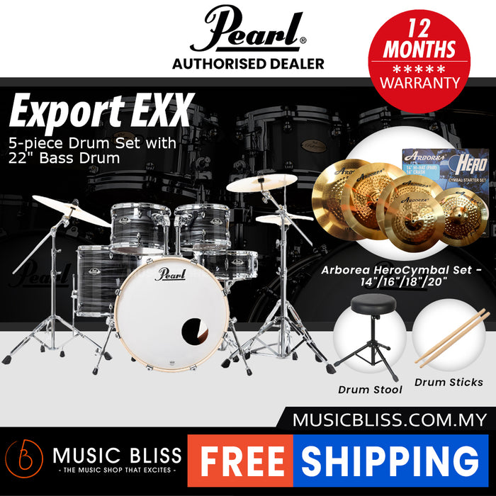 Pearl Export EXX 5-Piece Drum Set with Hardware, Drumstick and Throne - 22 Inch Bass Drum - Graphite Silver Twist