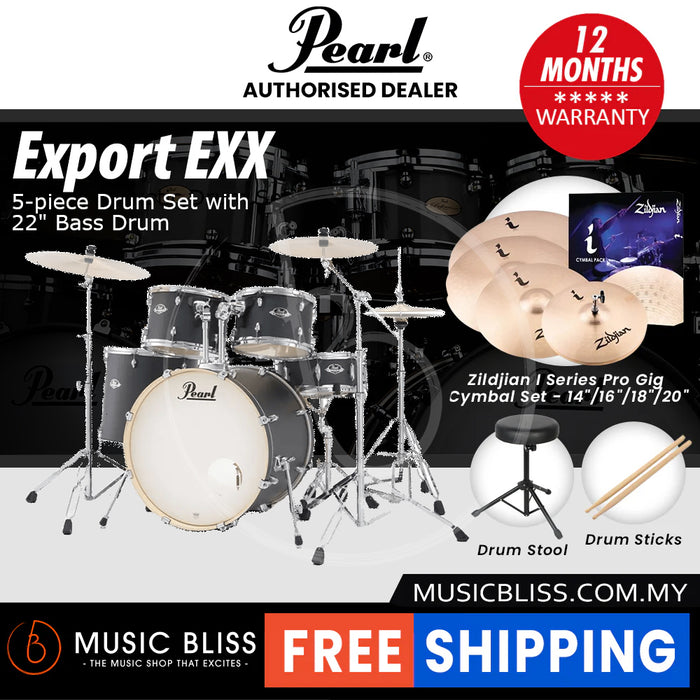 Pearl Export EXX 5-Piece Drum Set with Hardware, Drumstick and Throne - 22 Inch Bass Drum - Graphite Slate