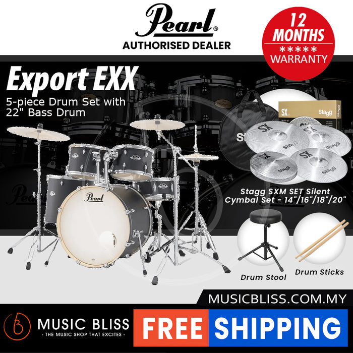 Pearl Export EXX 5-Piece Drum Set with Hardware, Drumstick and Throne - 22 Inch Bass Drum - Graphite Slate