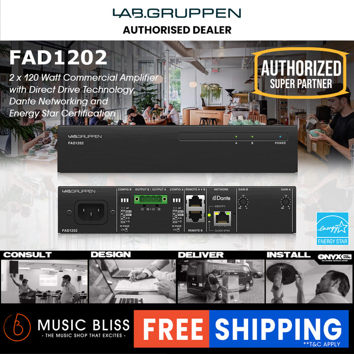 Lab Gruppen FAD1202 2 x 120W Commercial Amplifier with Direct Drive Technology, Dante Networking and Energy Star Certification