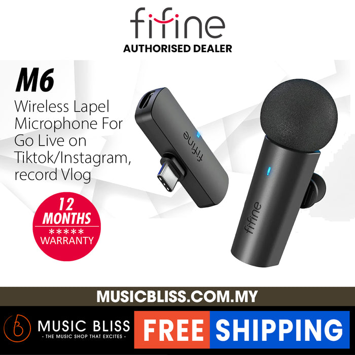 FIFINE M6 Wireless Lavalier Lapel Microphone System for Phones/Tablets, 2.4GHz Cordless Condenser Omnidirectional Clip-on Mic, USB C Receiver, for Video, Interview, Vlog, YouTube, Recording - Music Bliss Malaysia