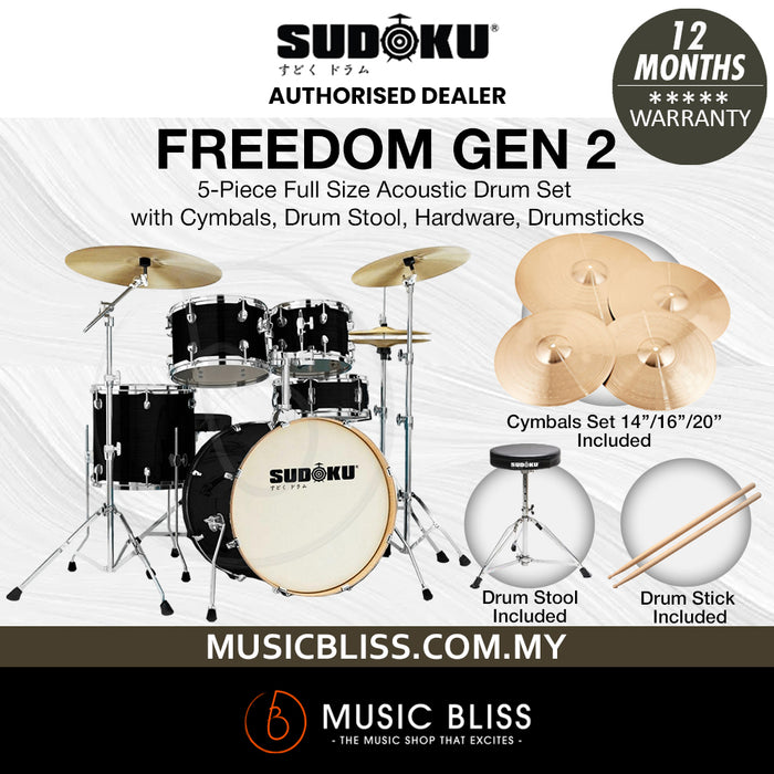 Sudoku Freedom G2 Acoustic Drum Full Size Acoustic Drum Set with Cymbals, Drum Stool, Hardware, Drumsticks - Sparkle Black