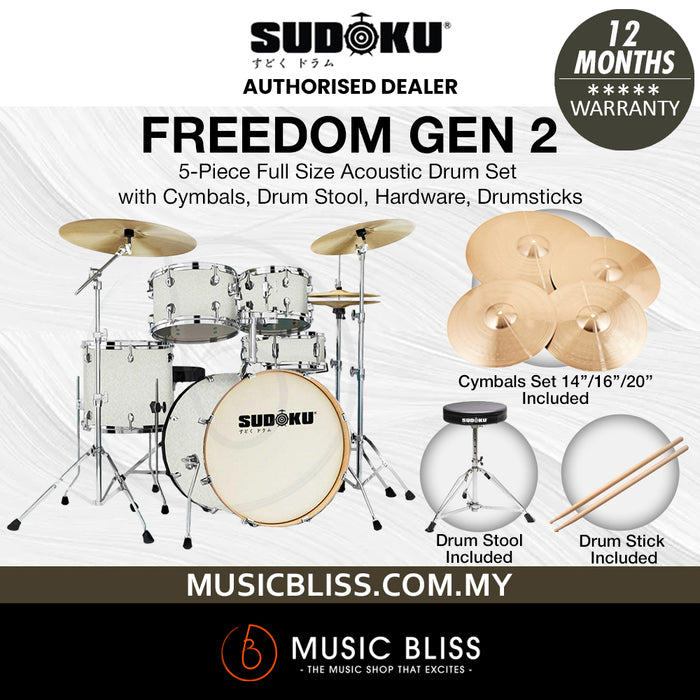 Sudoku Freedom G2 Acoustic Drum Full Size Acoustic Drum Set with Cymbals, Drum Stool, Hardware, Drumsticks - Sparkle White