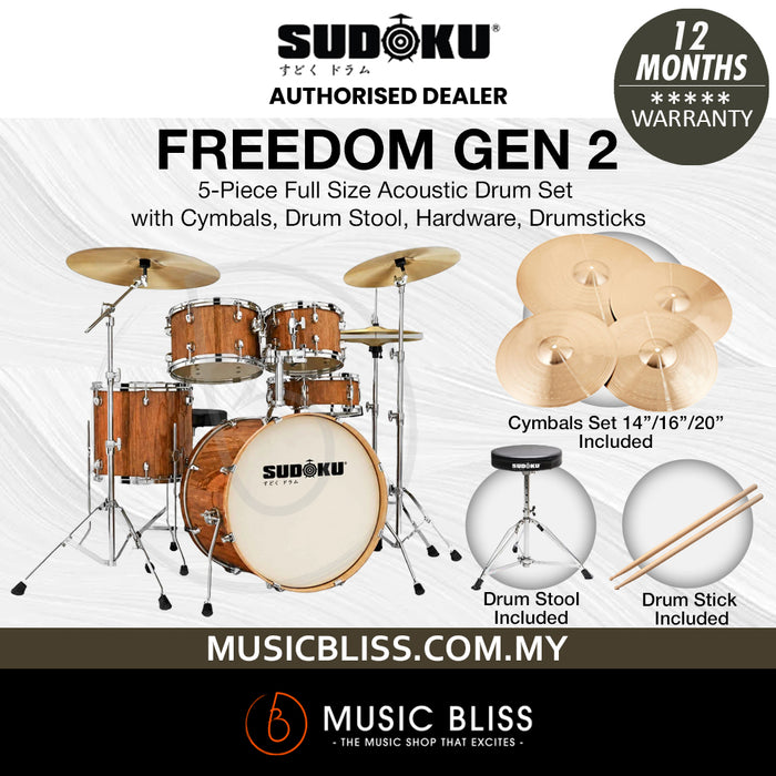 Sudoku Freedom G2 Acoustic Drum Full Size Acoustic Drum Set with Cymbals, Drum Stool, Hardware, Drumsticks - Wood Brown