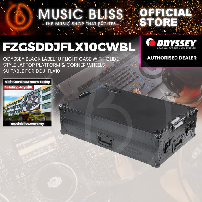 ODYSSEY FZGSDDJFLX10CWBL Black Label DDJ-FLX10 1U Flight Case with Glide Style Laptop Platform and Corner Wheels