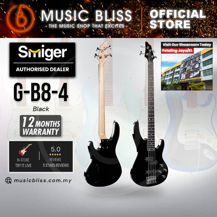 Smiger G-B8-4-BK Budget Beginner PJ Electric Bass Guitar - 4-String Black for Rock Kapak