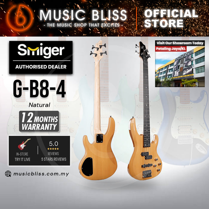 Smiger G-B8-4-N Budget Beginner PJ Electric Bass Guitar - 4-String Natural for Rock Kapak