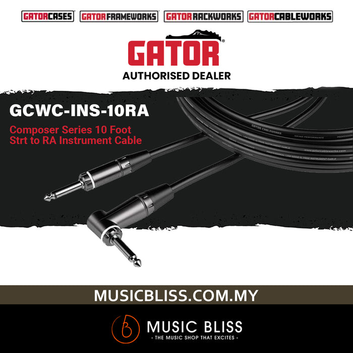 Gator GCWC-INS-10RA Cableworks Composer Series 1/4" TS Male Straight to Right-angle Instrument Cable - 10 foot