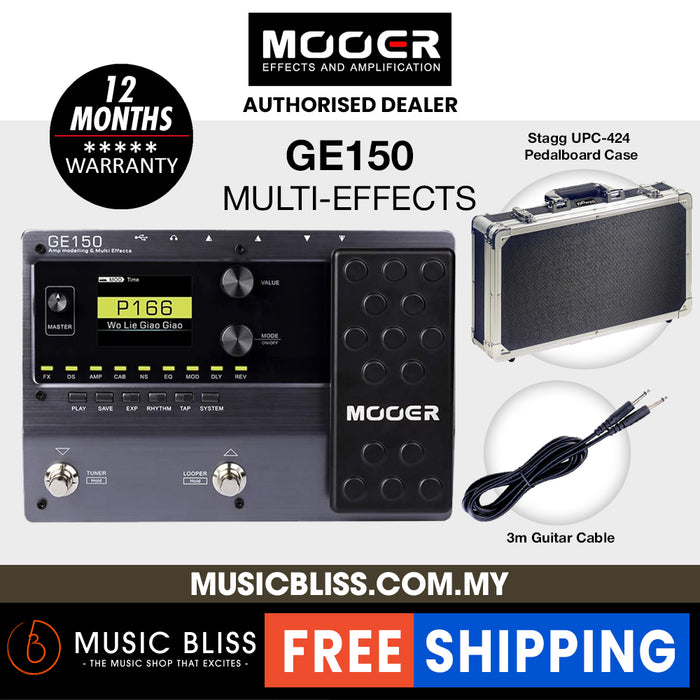 Mooer GE150 Amp Modelling & Multi Effects Pedal with Stagg UPC-424 ABS Pedal Board Case and Cable