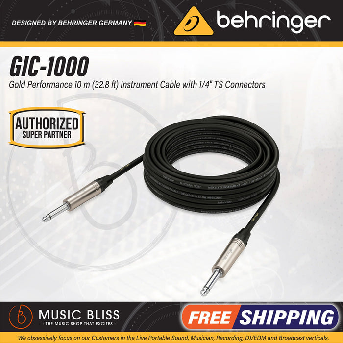 Behringer GIC-1000 Gold Performance 10m (32.8ft) Instrument Cable with 1/4" TS Connectors