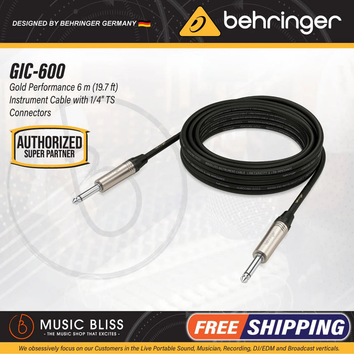 Behringer GIC-600 Gold Performance 6m (19.7ft) Instrument Cable with 1/4" TS Connectors