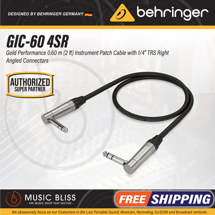 Behringer GIC-60 4SR Gold Performance 0.60 m (2 ft) Instrument Patch Cable with 1/4" TRS Right-Angled Connectors