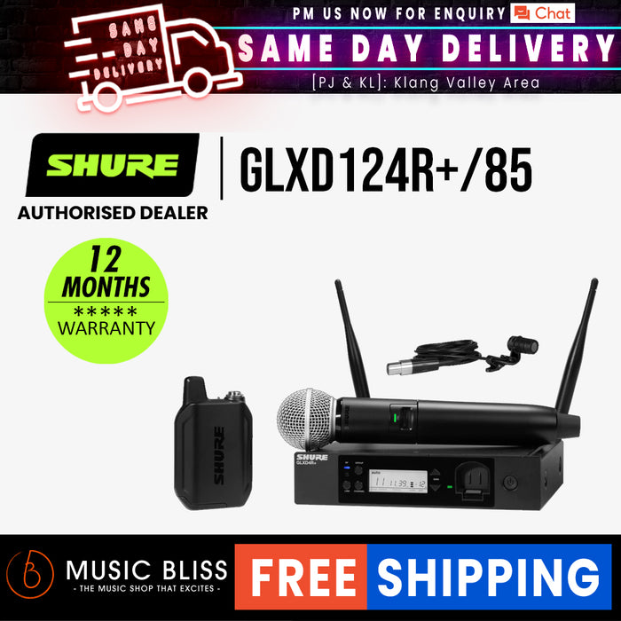 Shure GLXD124R+/85 Digital Wireless Combo Rackmount System with SM58 Capsule and WL185 Lavalier Microphone - Music Bliss Malaysia
