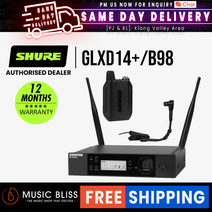 Shure GLXD14+/B98 Digital Wireless Instrument System with WB98H/C Gooseneck Microphone - Music Bliss Malaysia