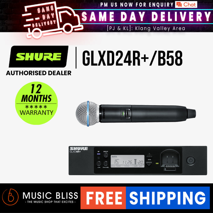 Shure GLXD24R+/B58 Digital Wireless Handheld System with Beta 58A Capsule - Music Bliss Malaysia