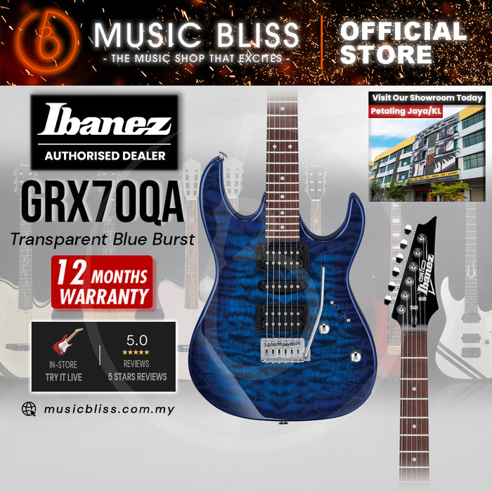 Ibanez Gio GRX70QA Humbucker Electric Guitar with HSH Pickup - Transparent Blue Burst