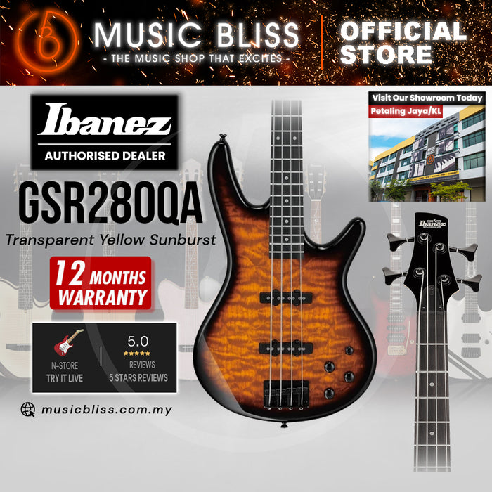 Ibanez GSR280QA Electric Bass Guitar - Transparent Yellow Sunburst