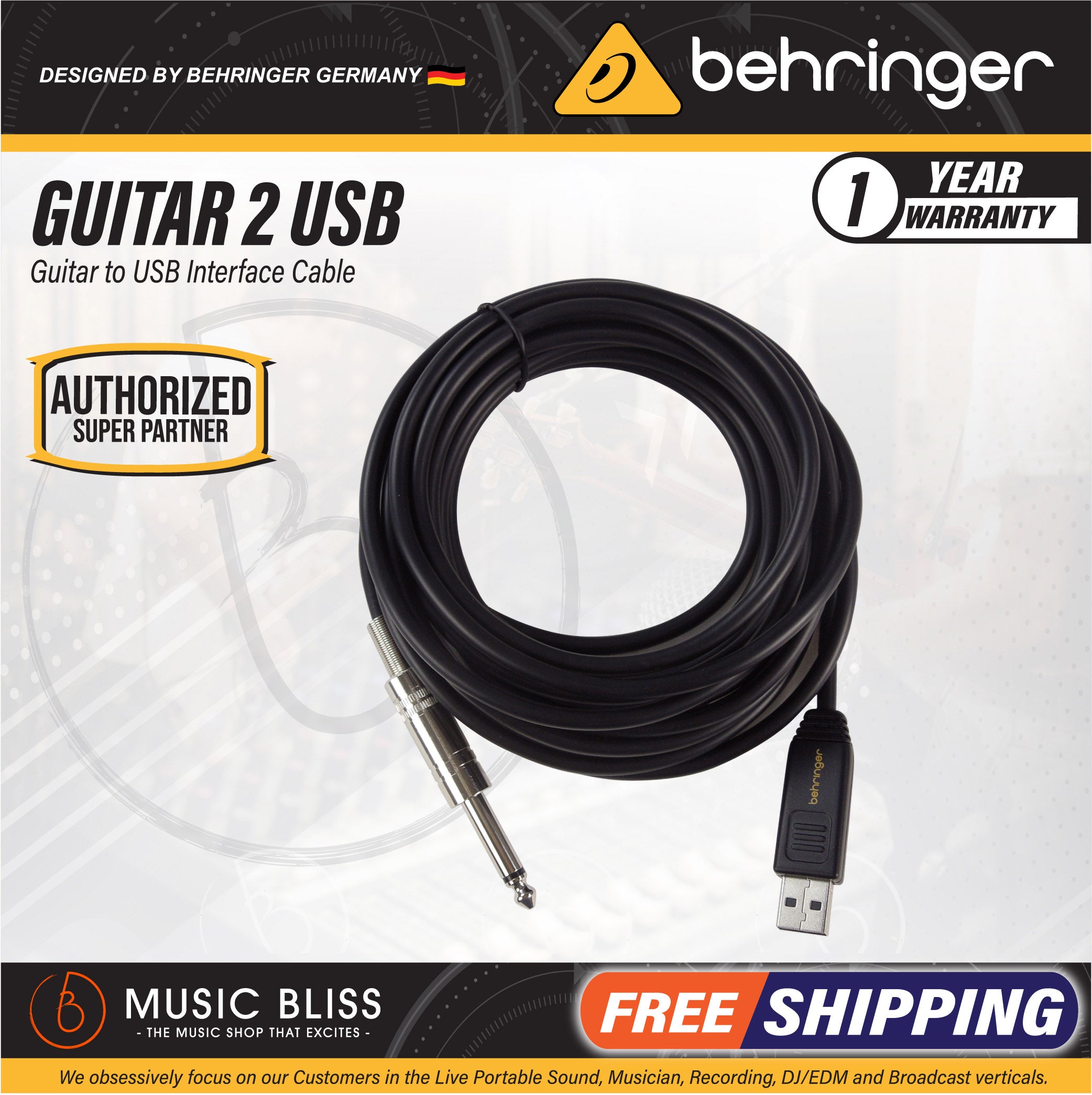 Behringer GUITAR 2 USB Guitar to USB Interface Cable Music