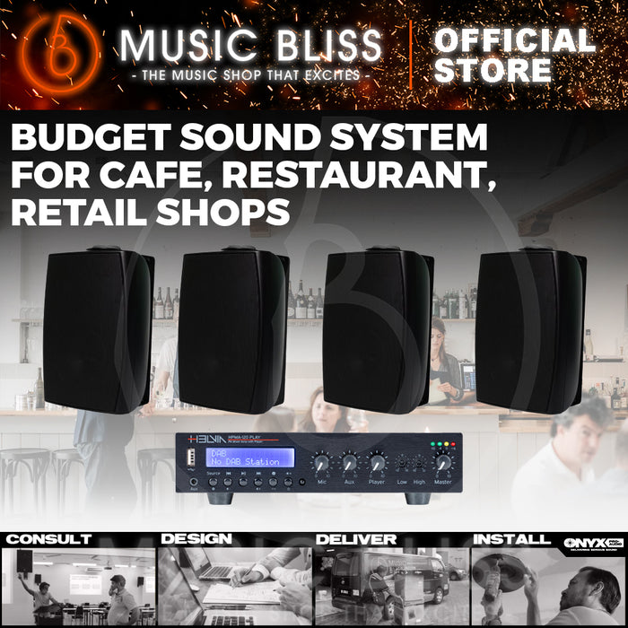 Budget Sound System for Cafe, Restaurant, Retail Shops with Helvia Mixer Amplifer and Amperes Surface Mounted Speakers