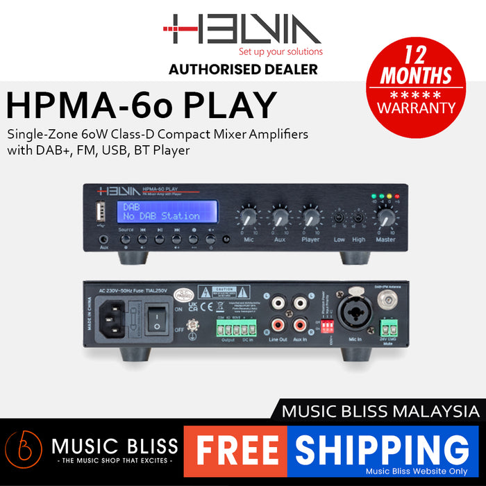 Helvia HPMA-60 PLAY Single-Zone 60W Class-D Compact Mixer Amplifiers with DAB+, FM, USB, BT Player
