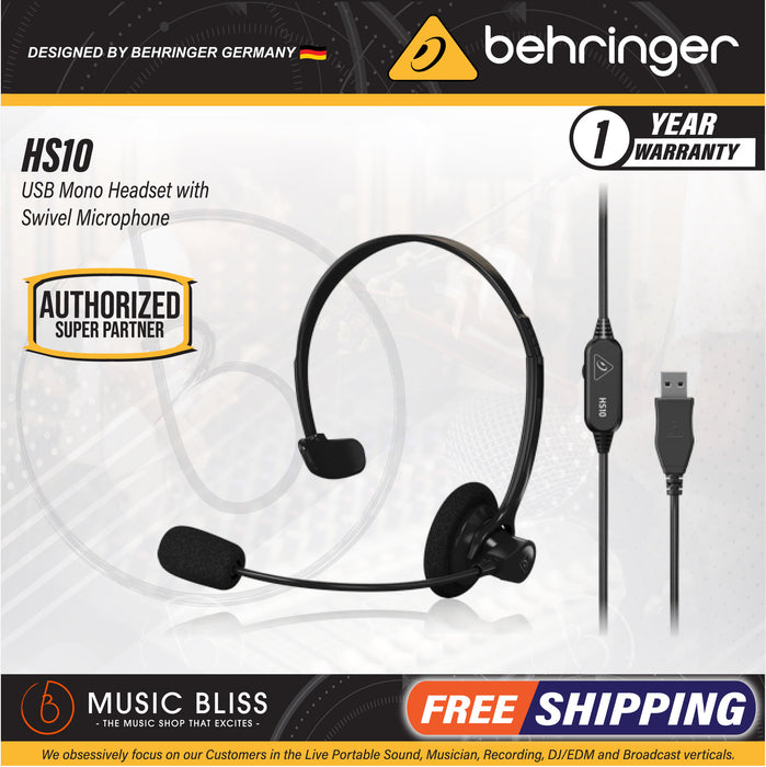 Behringer HS10 USB Mono Headset with Swivel Microphone - Music Bliss Malaysia