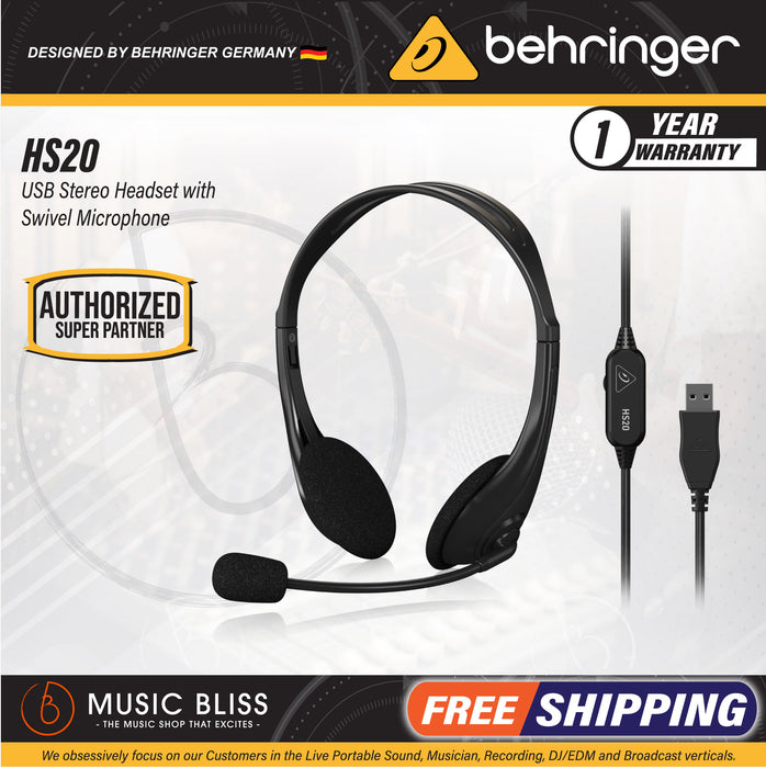 Behringer HS20 USB Stereo Headset with Swivel Microphone - Music Bliss Malaysia