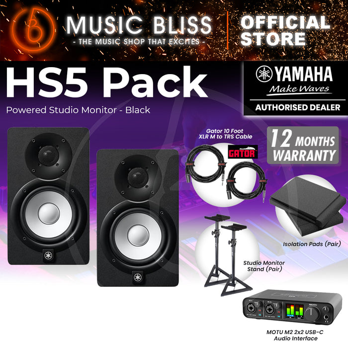 Yamaha HS5 Powered Studio Monitor Speaker Black (Pair) and MOTU M2 USB-C Audio Interface Home Studio Bundle with Studio Monitor Stands, Isolation Pads & Gator Cables