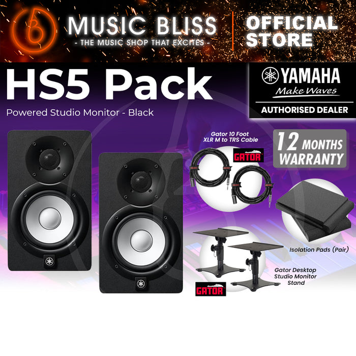 Yamaha HS5 Powered Studio Monitor Speaker Black (Pair) Bundle with Gator Desktop Stands, Isolation Pads & Gator Cables